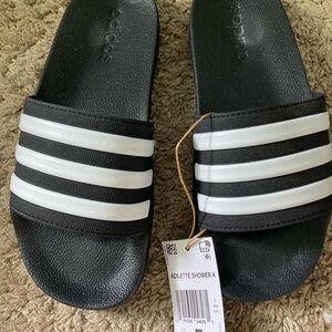 Adidas Black and White Striped Slides